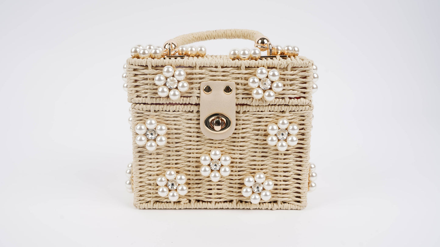 Wicker Bucket Bag with Bejeweled Daisy Flowers