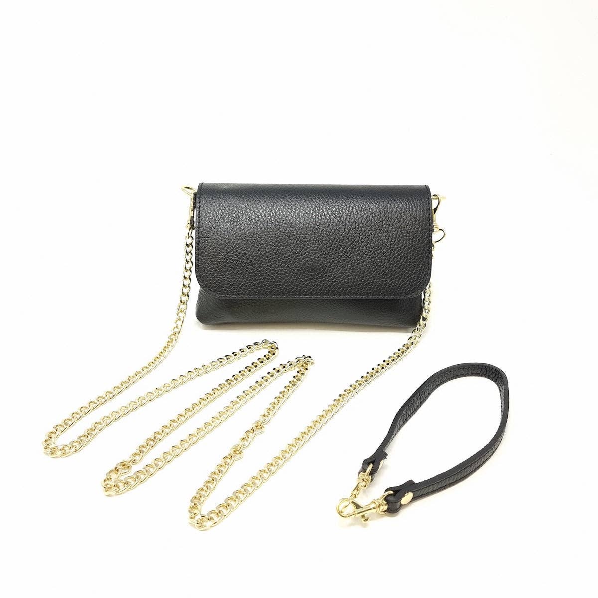 Italian Leather Crossbody Clutch with Chain Strap: Navy Blue