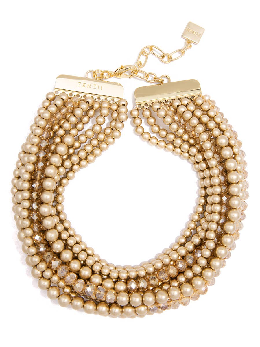 Multistrand pearl necklace with gold clasp on a white background