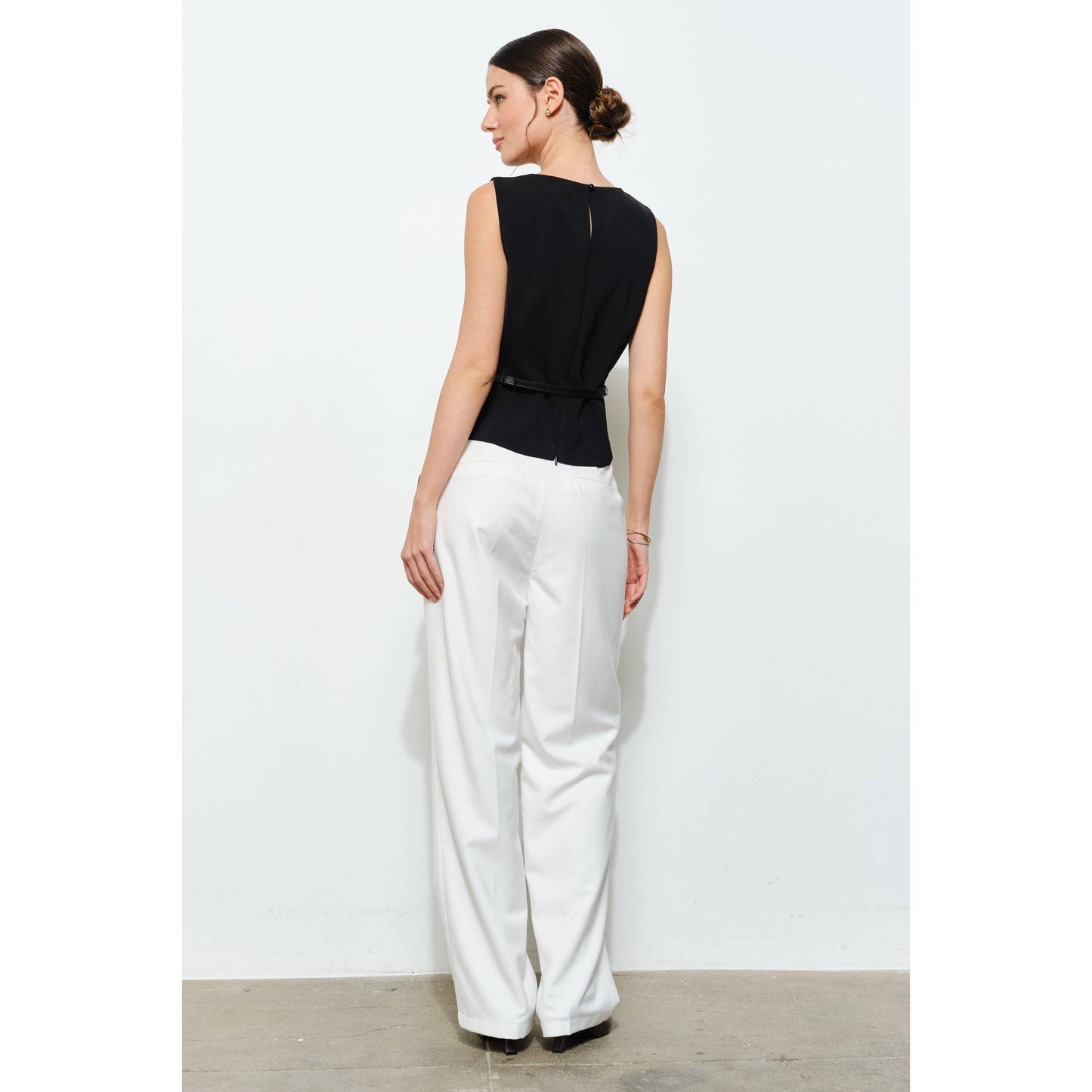 Luxe Belted Asymmetric Hem Sleeveless Blouse Top: BLACK