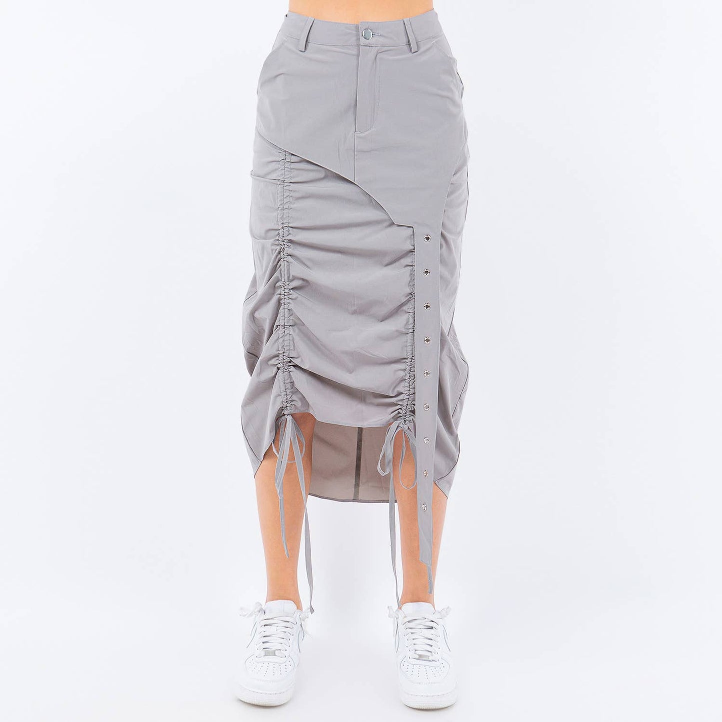 Side Shirred Ruched Midi Skirt