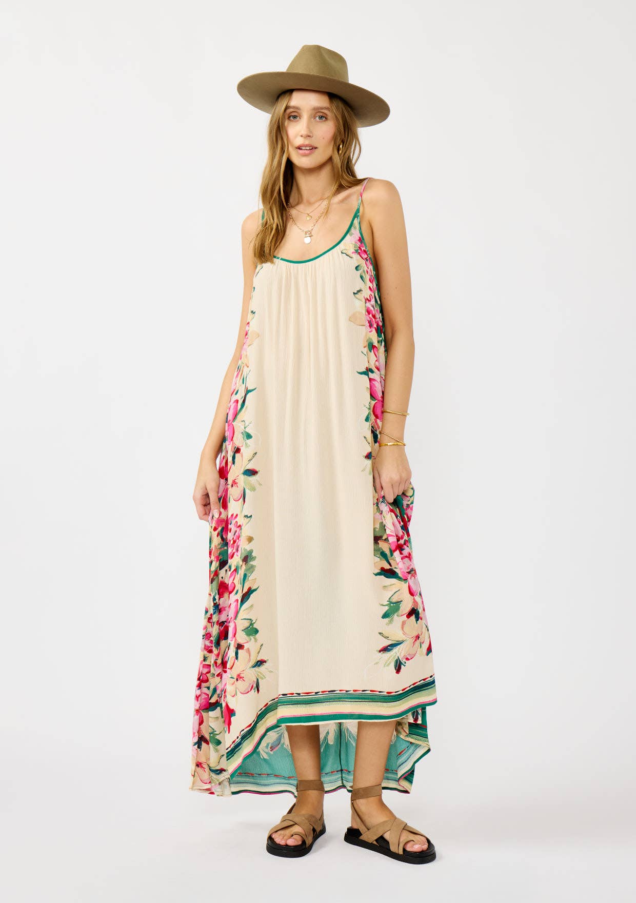 Spaghetti Strap High-Low Cover-Up Maxi Dress: IVORY/GREEN