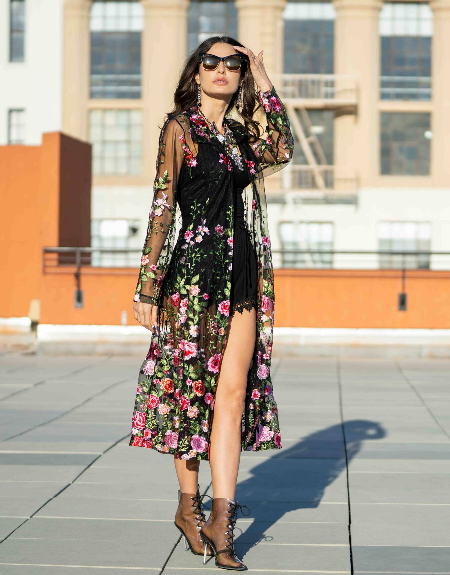 Embroidered Mesh Duster Jacket | Romantic Sheer Floral Layer