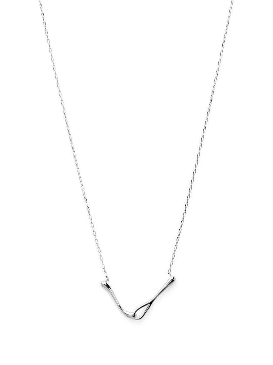 Silver necklace with a V-shaped pendant on a white background