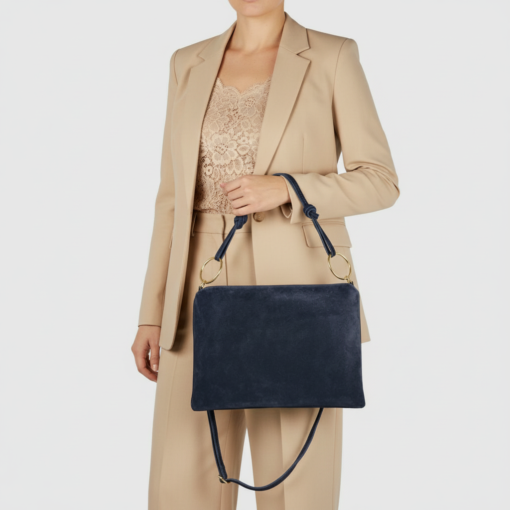Italian Genuine Suede Shoulder Bag | Modena: Dark Blue Suede
