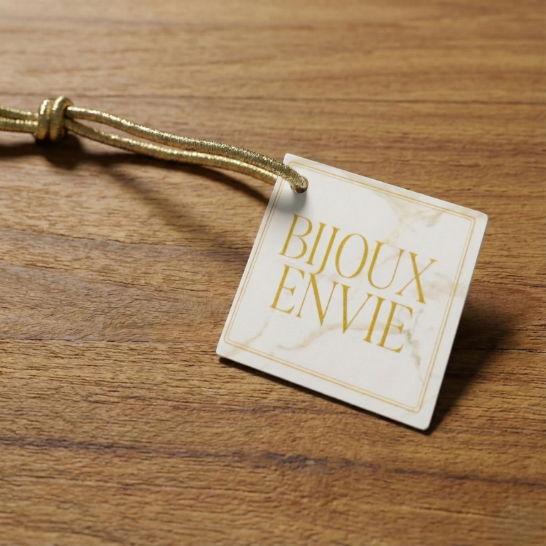 Bijoux Envie tag on a wooden surface