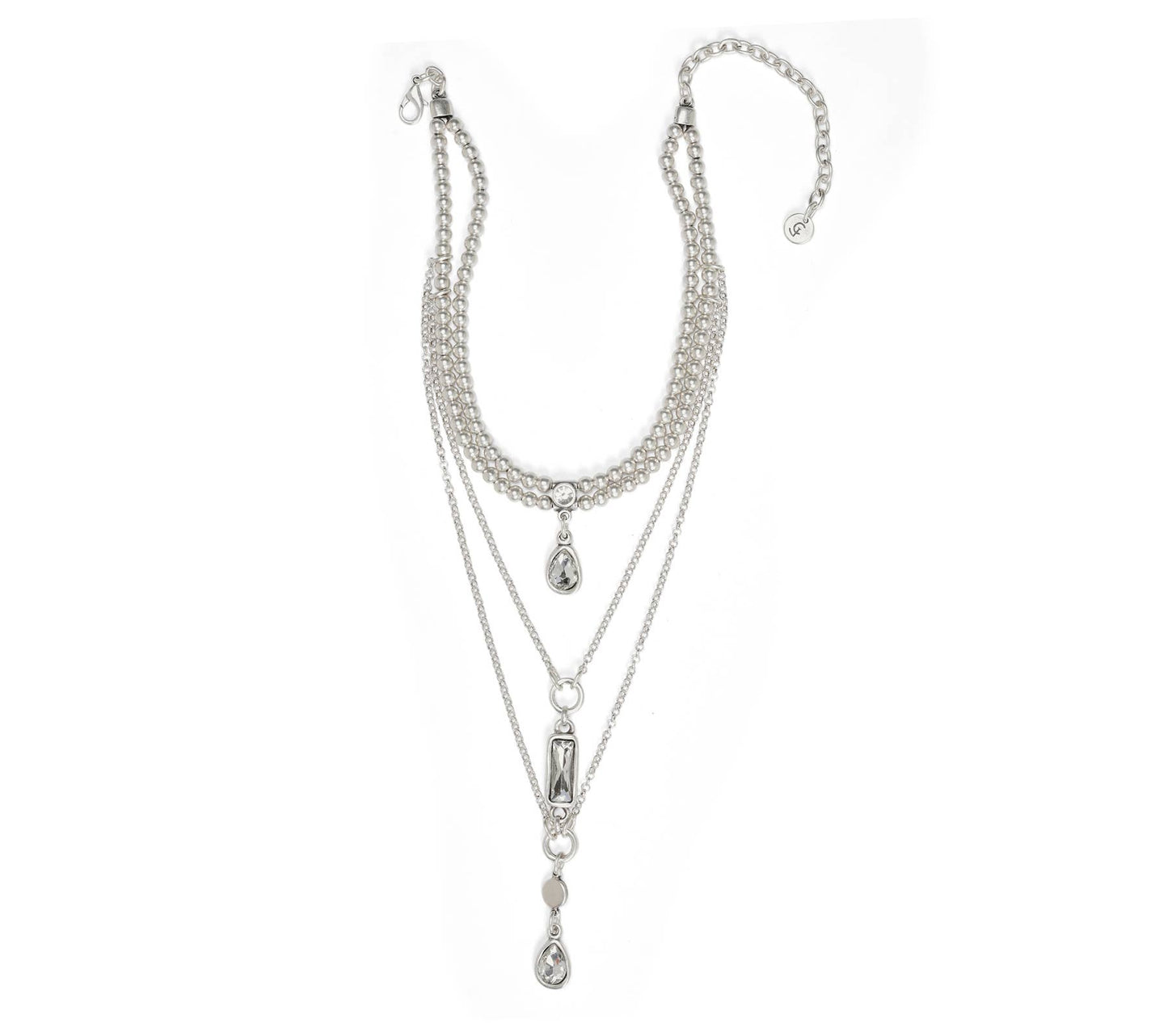 Multi-layered silver necklace with hanging pendants on a white background