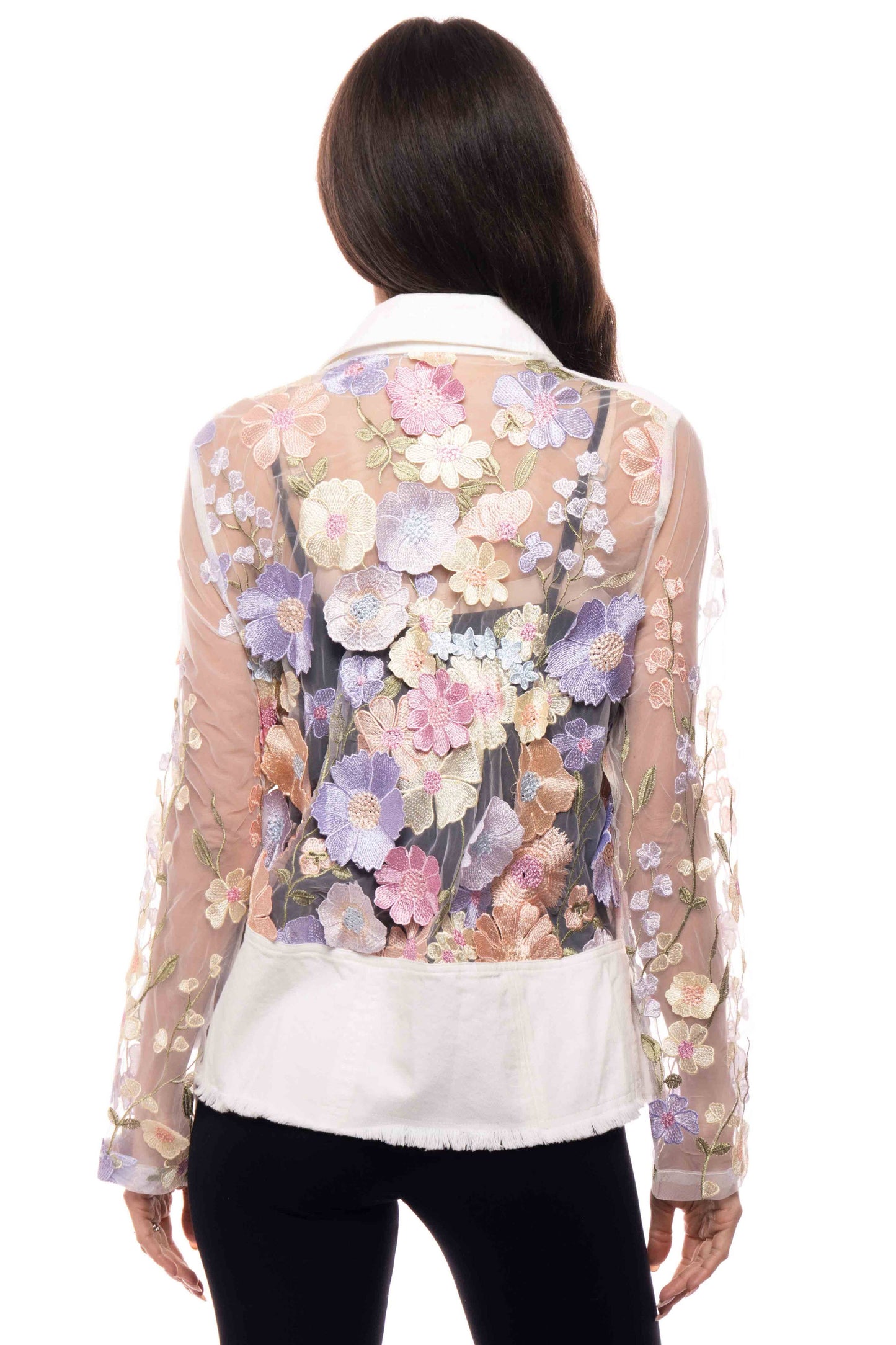 Floral Embroidered Sheer Lace Jacket with Denim Trim | Statement Layering Piece