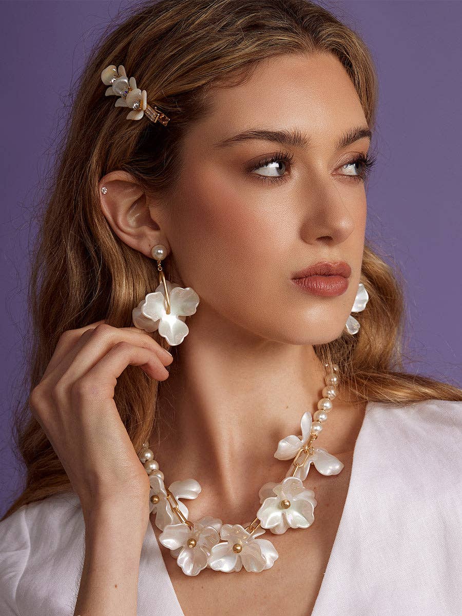 Pearl Strand Necklace with Floral Centerpiece | Elegant Pearl Statement Necklace