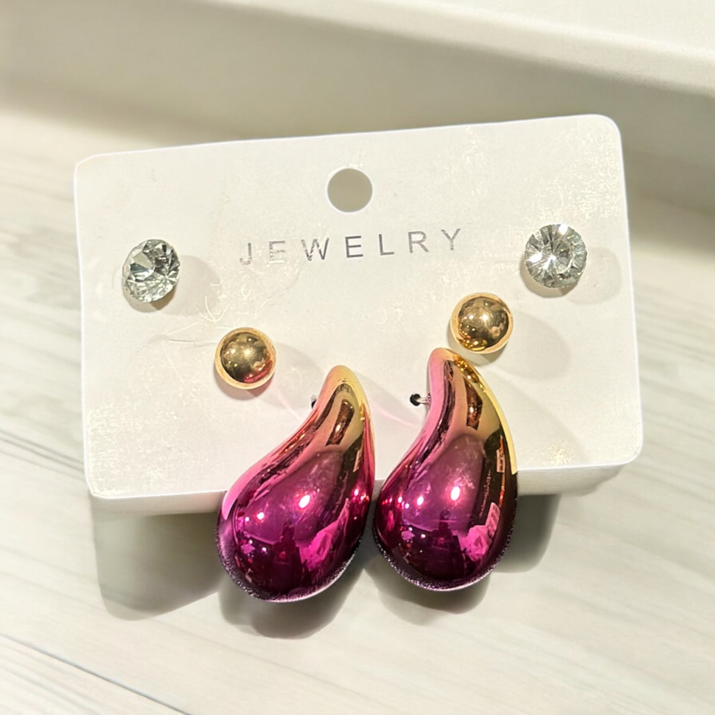 Pink Metallic Teardrop Earrings (Set of Three)