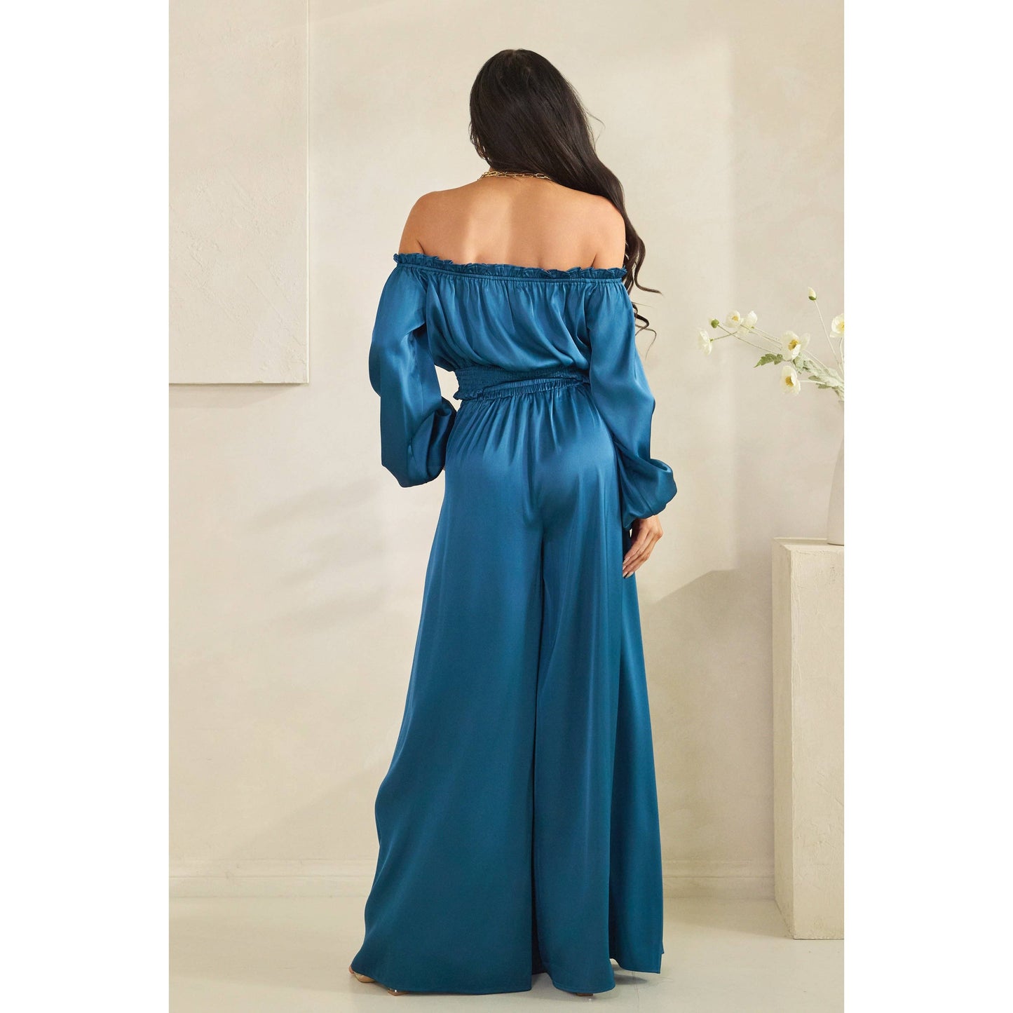 Satin Off-Shoulder Palazzo Pants Set | Women's Two-Piece Outfit | B'Jeweled Jewelry & Accessories