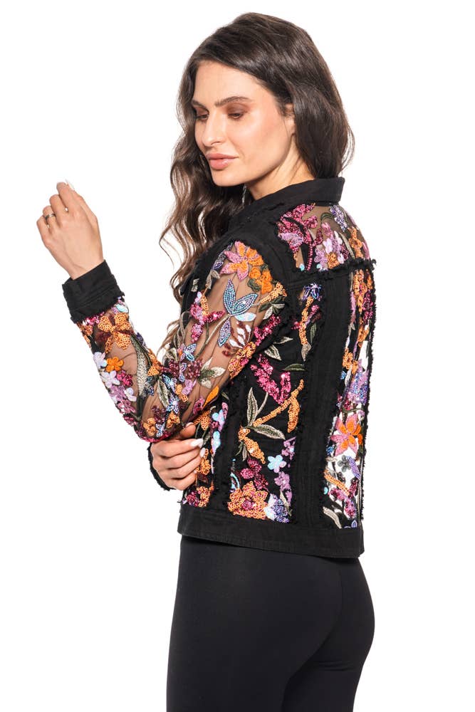 BLACK DENIM JACKET WITH FLORAL SEQUENCE EMBROIDERY