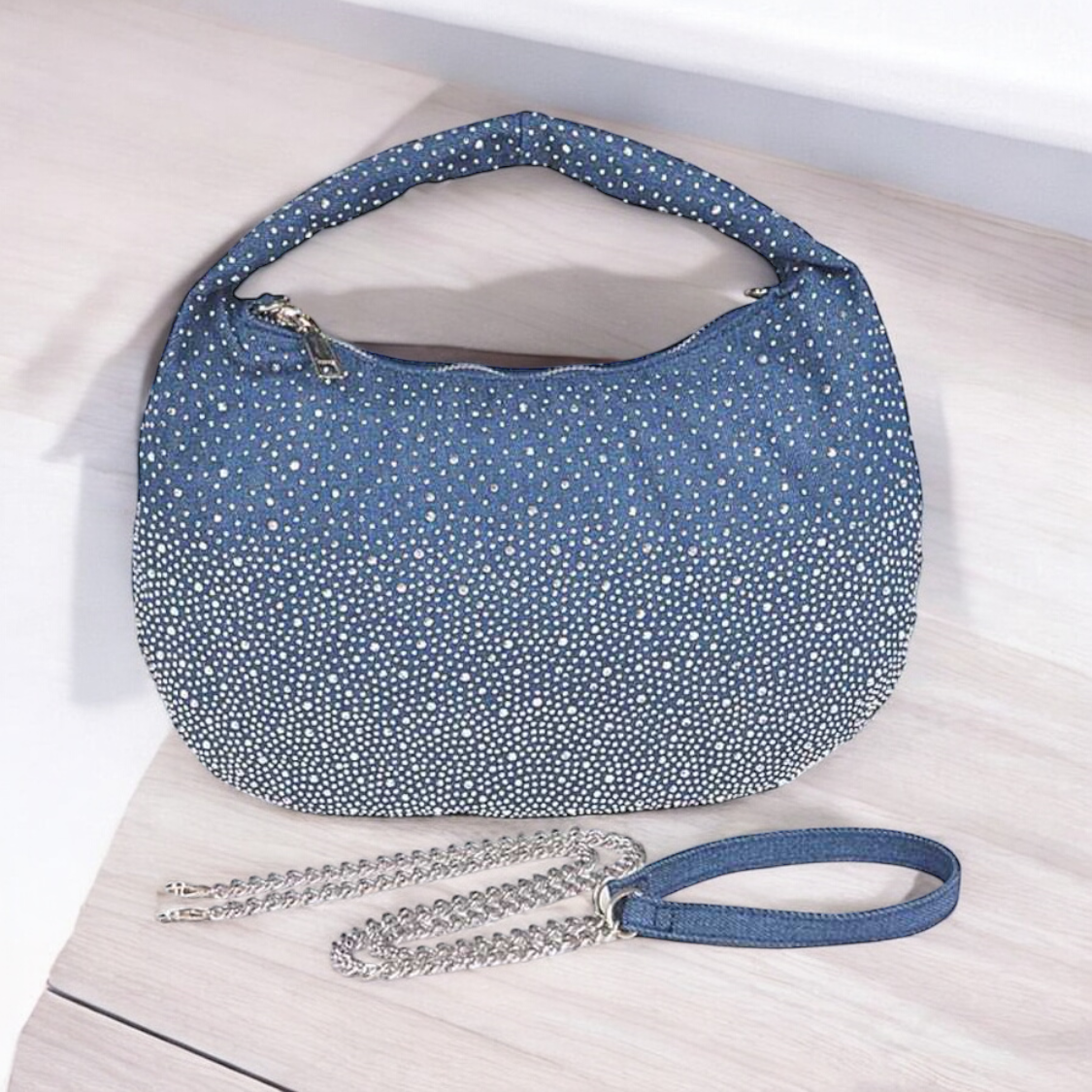 Denim Rhinestone Studded Crossbody Bag