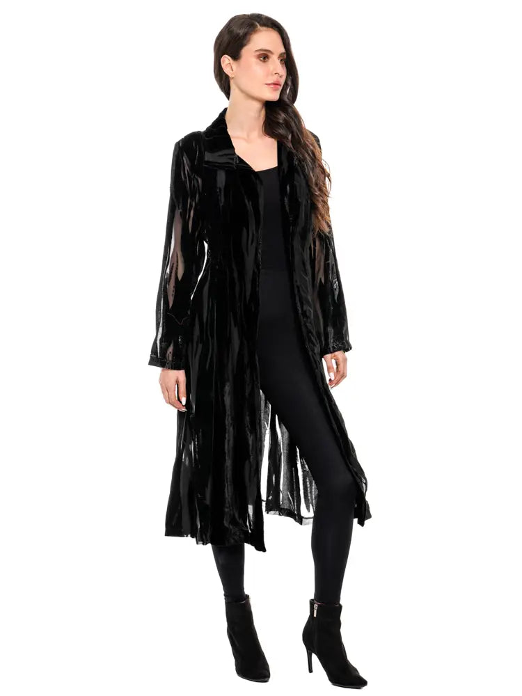 Velvet Burnout Sheer Duster Jacket – Black Longline Sheer Velvet Coat
