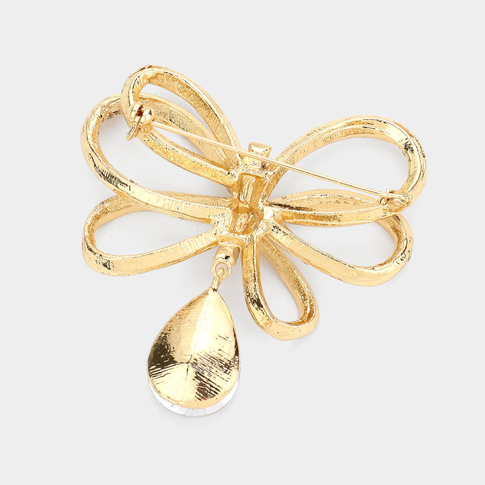 Rhinestone Ribbon Glass Stone Dangle Brooch