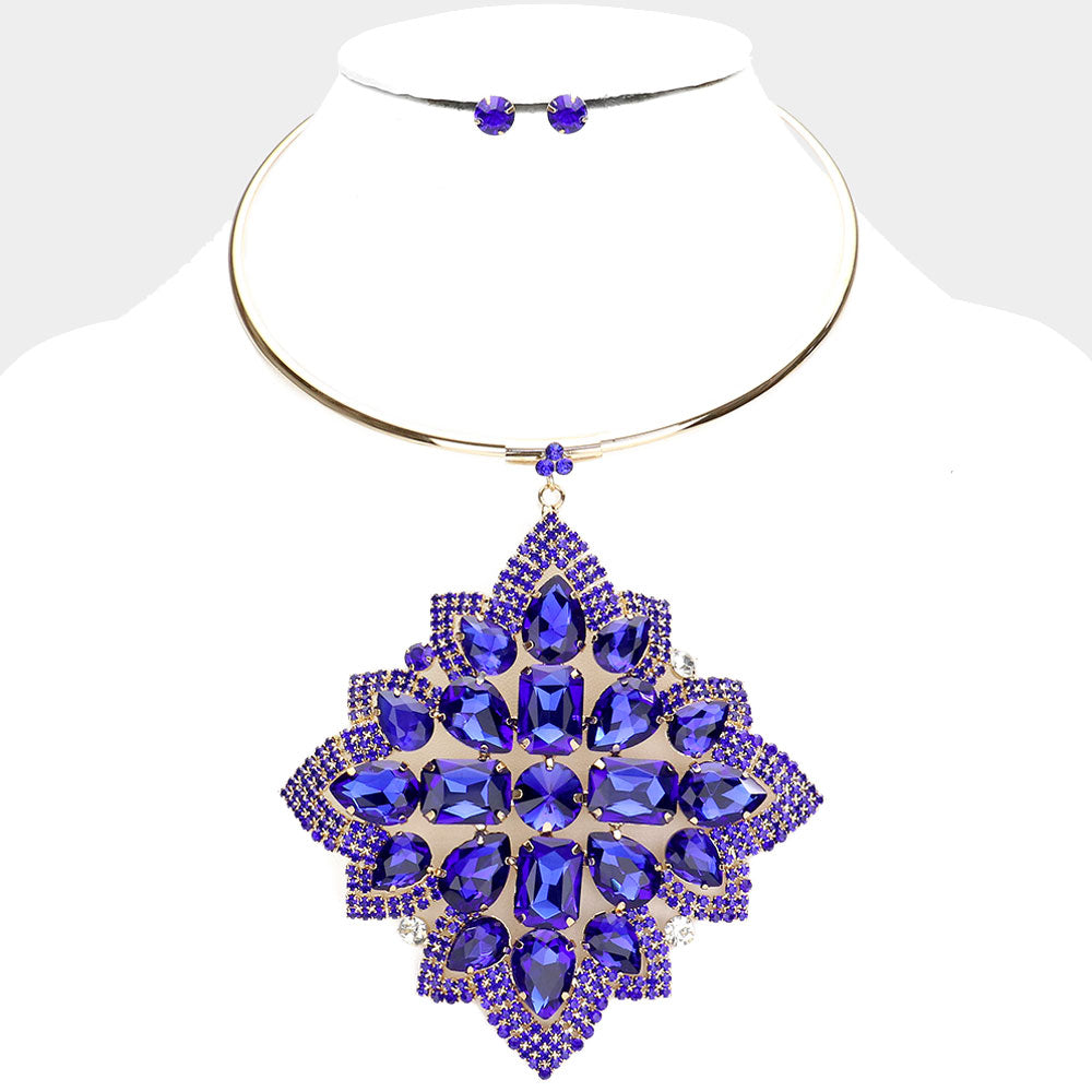 Multi Stone Flower Pendant Evening Necklace