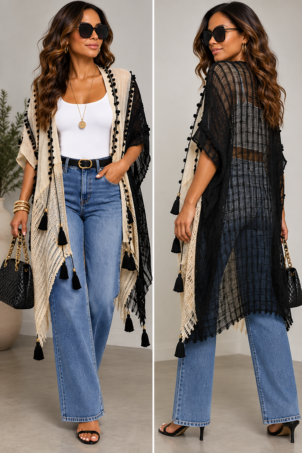 A split-view model photo showing a woman wearing a long open-front knit cardigan with black tassels. The left view shows the front with a cream knit body and black tassel trim over a white top and blue jeans; the right view shows the back/side with a sheer black grid pattern over the same cardigan.