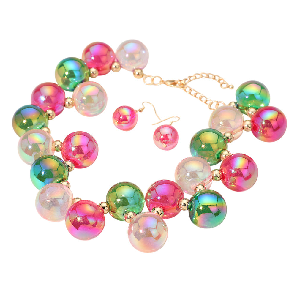 Iridescent Pink & Green Bubble Bead Necklace Set