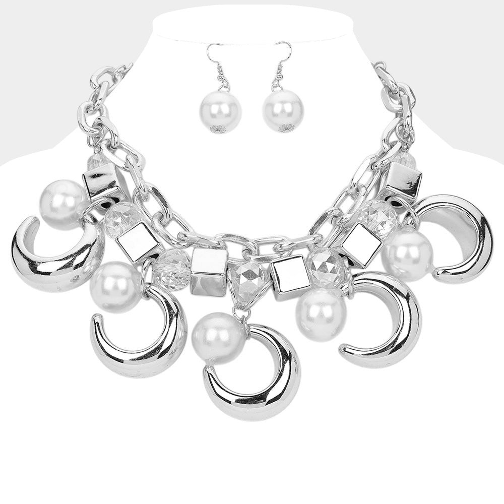 Silver-Tone Pearl Charm Necklace Set