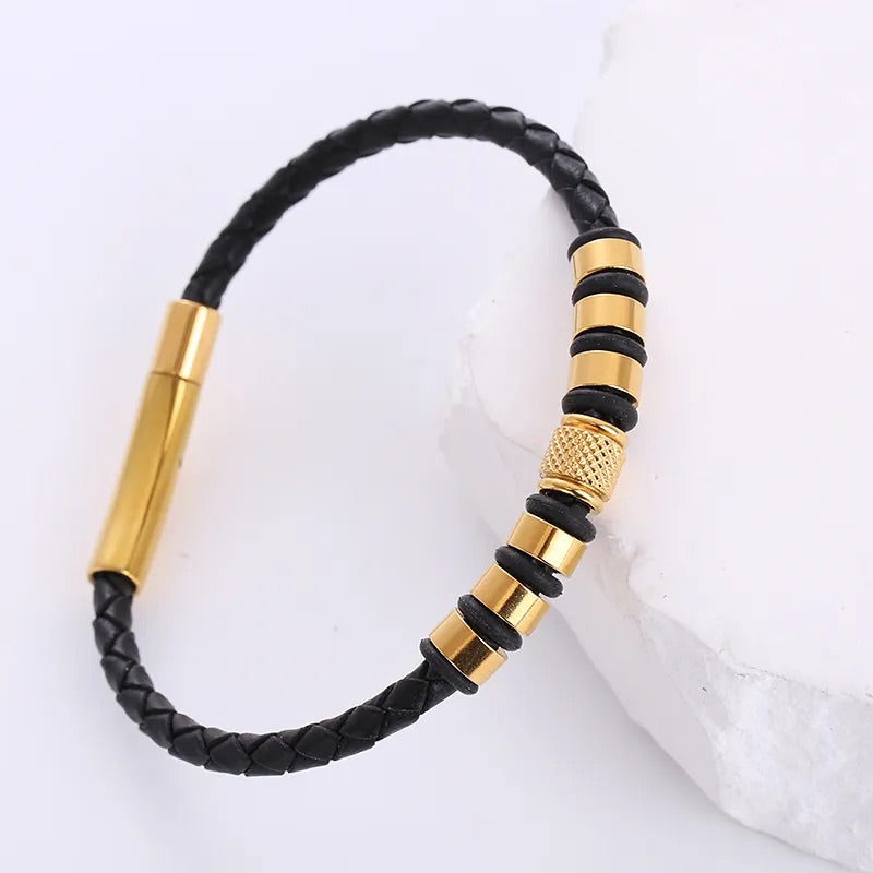 Men's Black Leather & Gold-Tone Beaded Bracelet – Sleek & Stylish Accessory for Men