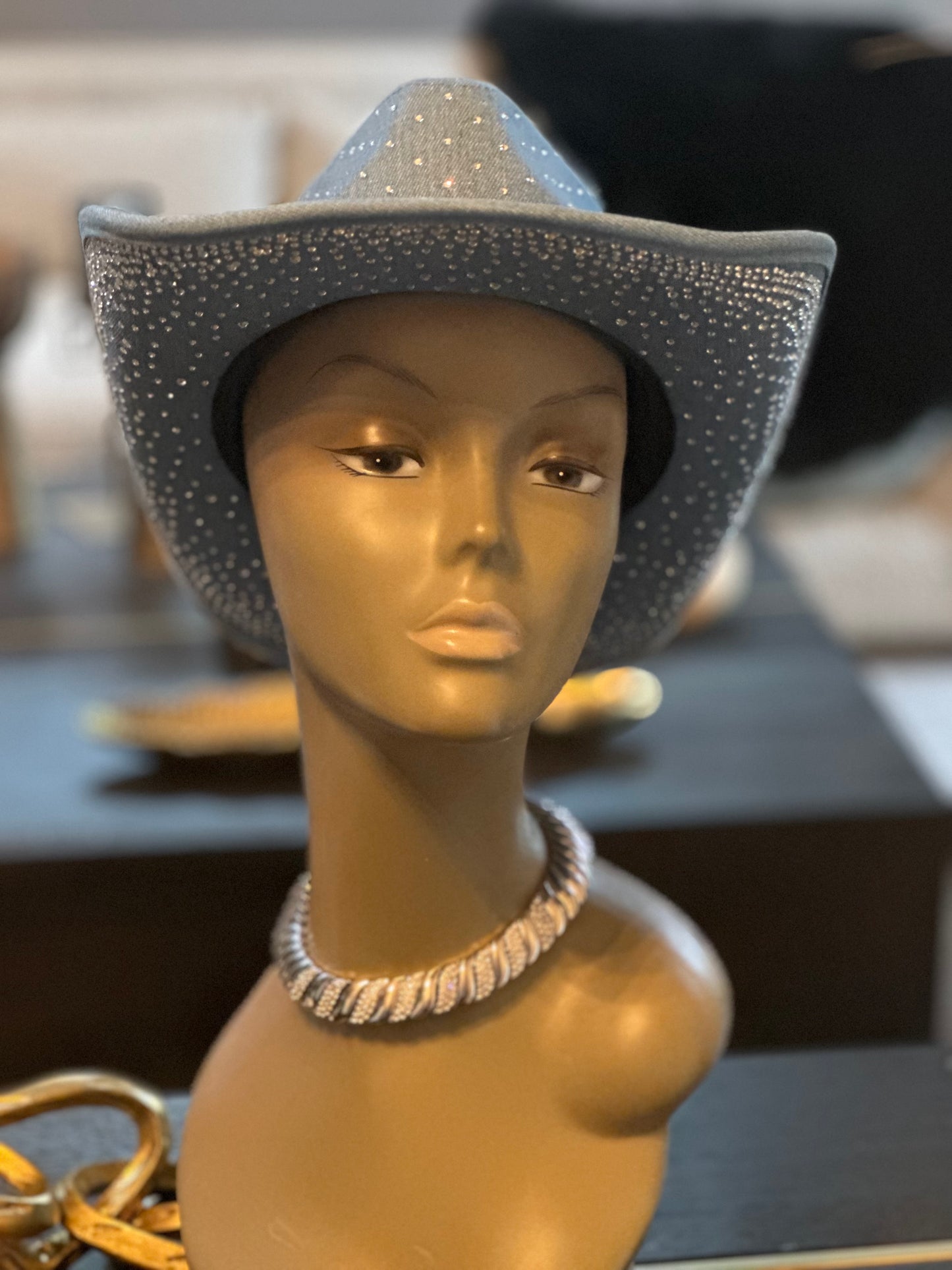 Rhinestone Studded Denim Cowboy Hat – One Size