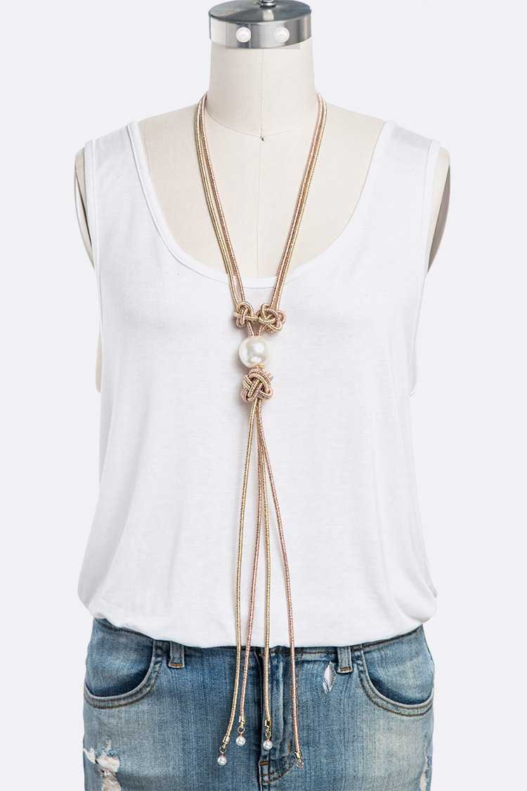 Metallic Long Pearl Pendant Necklace