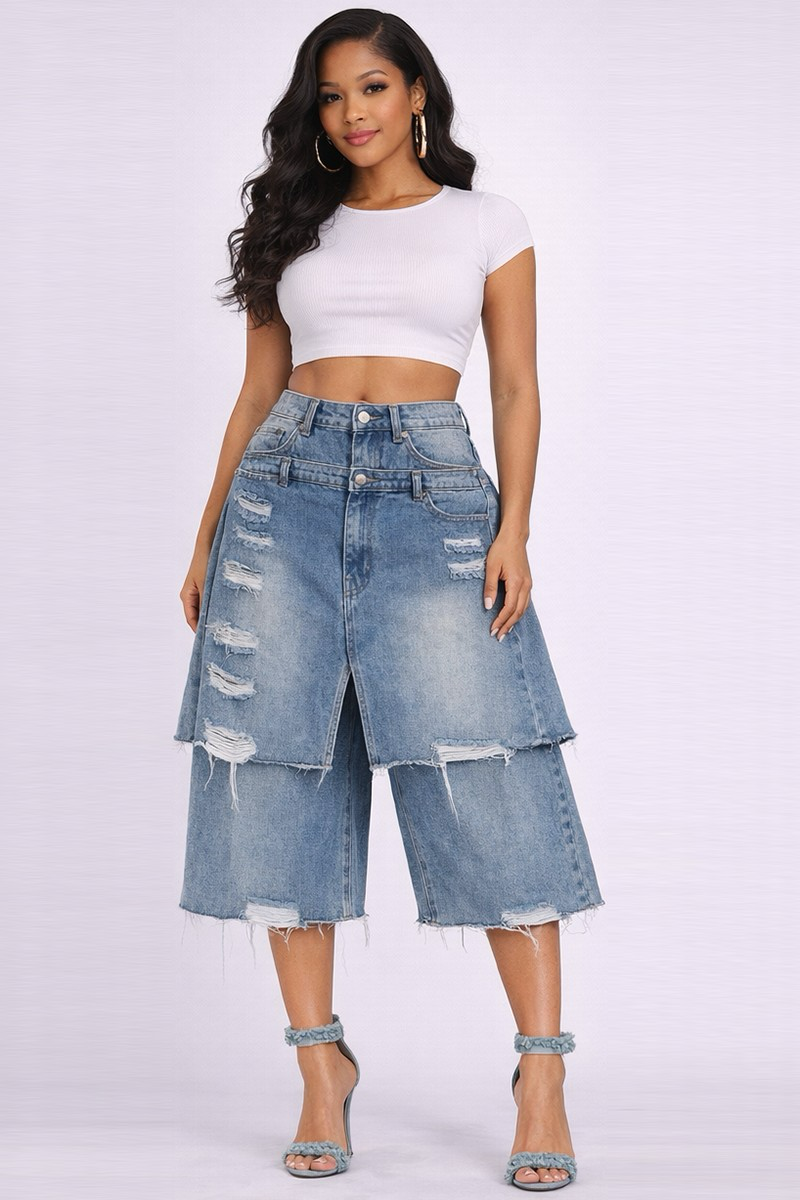Layered Distressed Denim Culotte Skirt Pants | Statement Denim Fashion