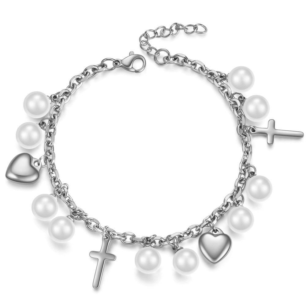 Cross Heart Pearl Charm Bracelet