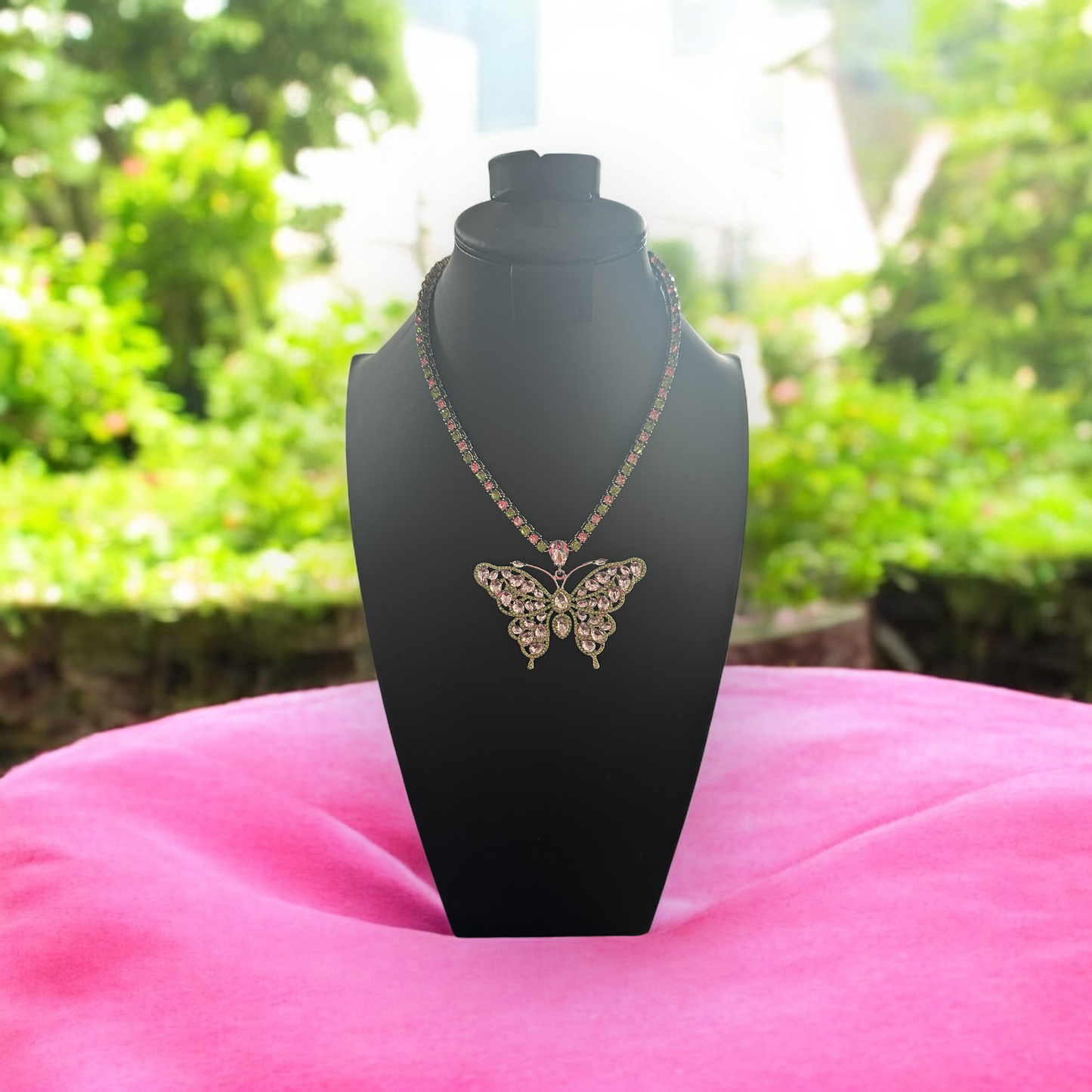 Butterfly Pendant Necklace Set in Pink & Green Stone