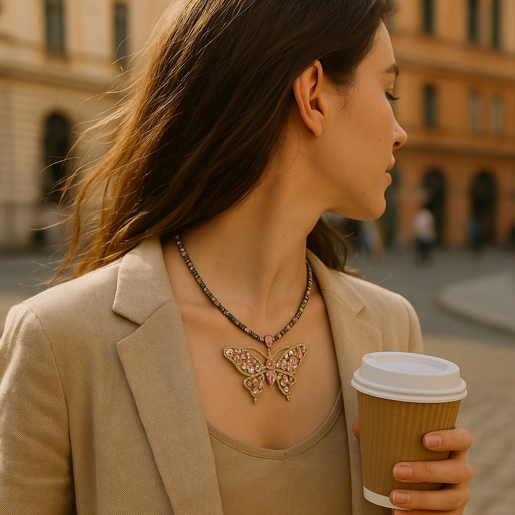 Butterfly Pendant Necklace Set in Pink & Green Stone