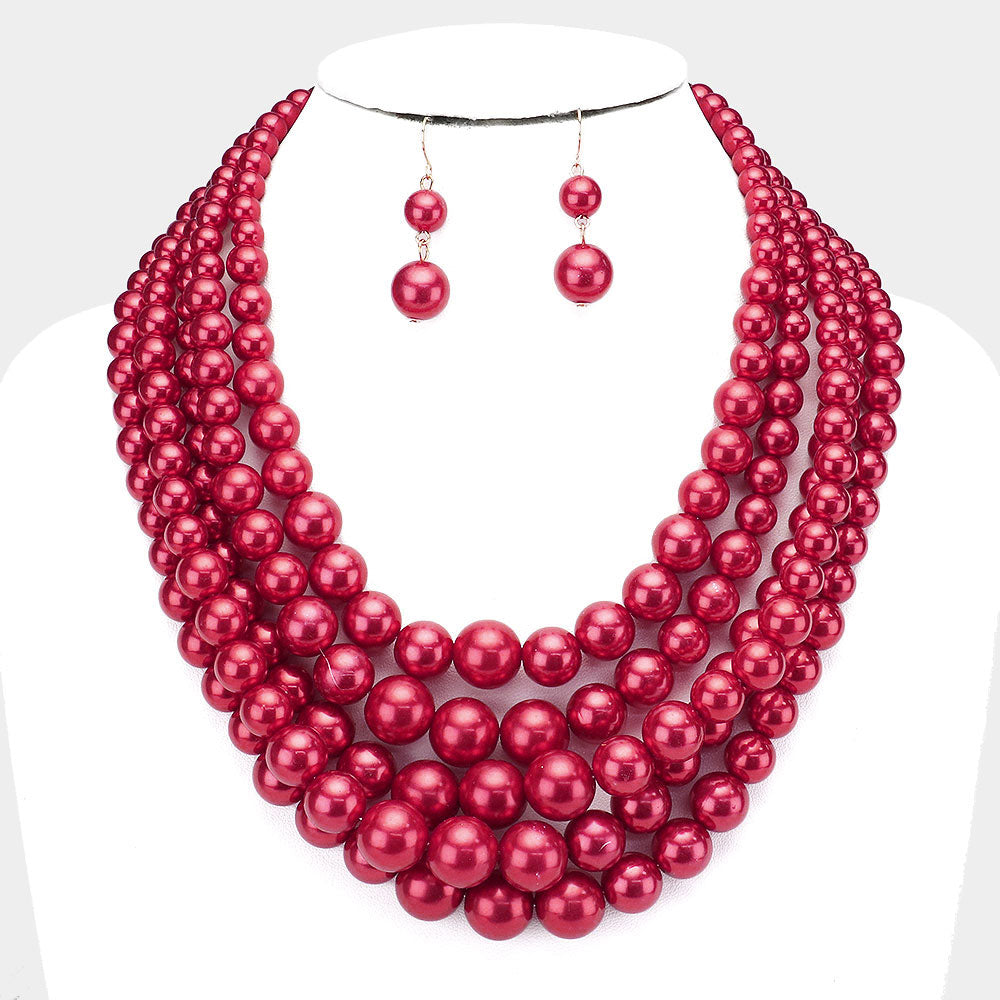 Multi-Strand Red Pearl Necklace Set