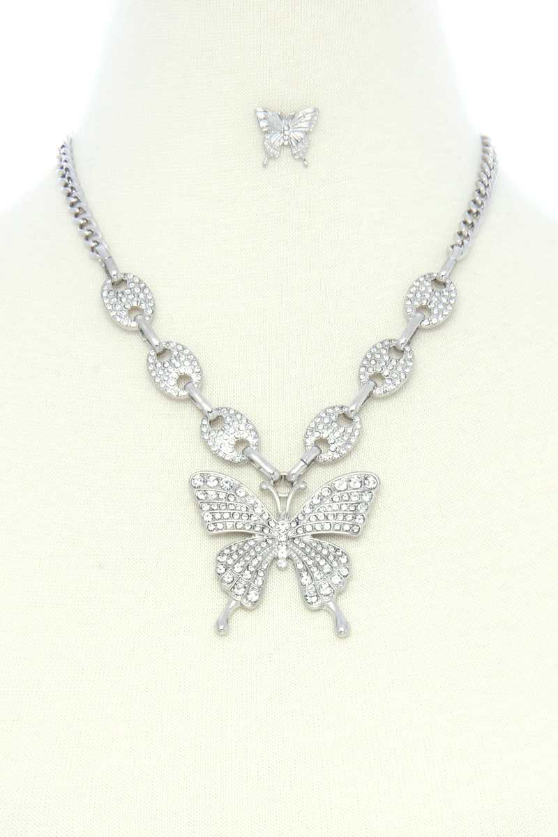 Rhinestone Butterfly Pendant Necklace Set