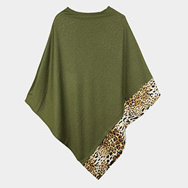 Olive Green Knit Shawl Leopard Print Trim