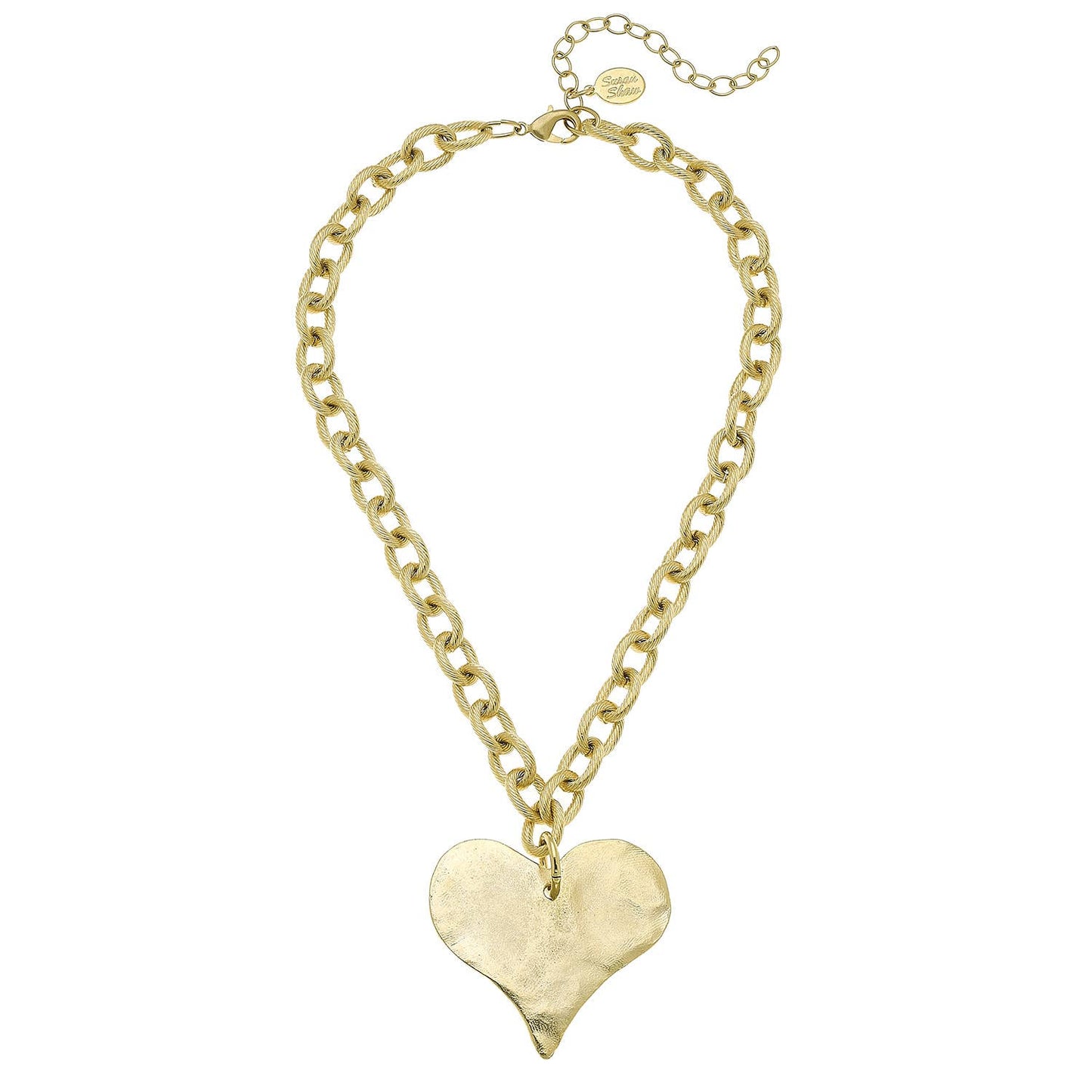 Susan Shaw gold hammered heart necklace with oversized textured heart pendant on a bold link chain, handcrafted in the USA