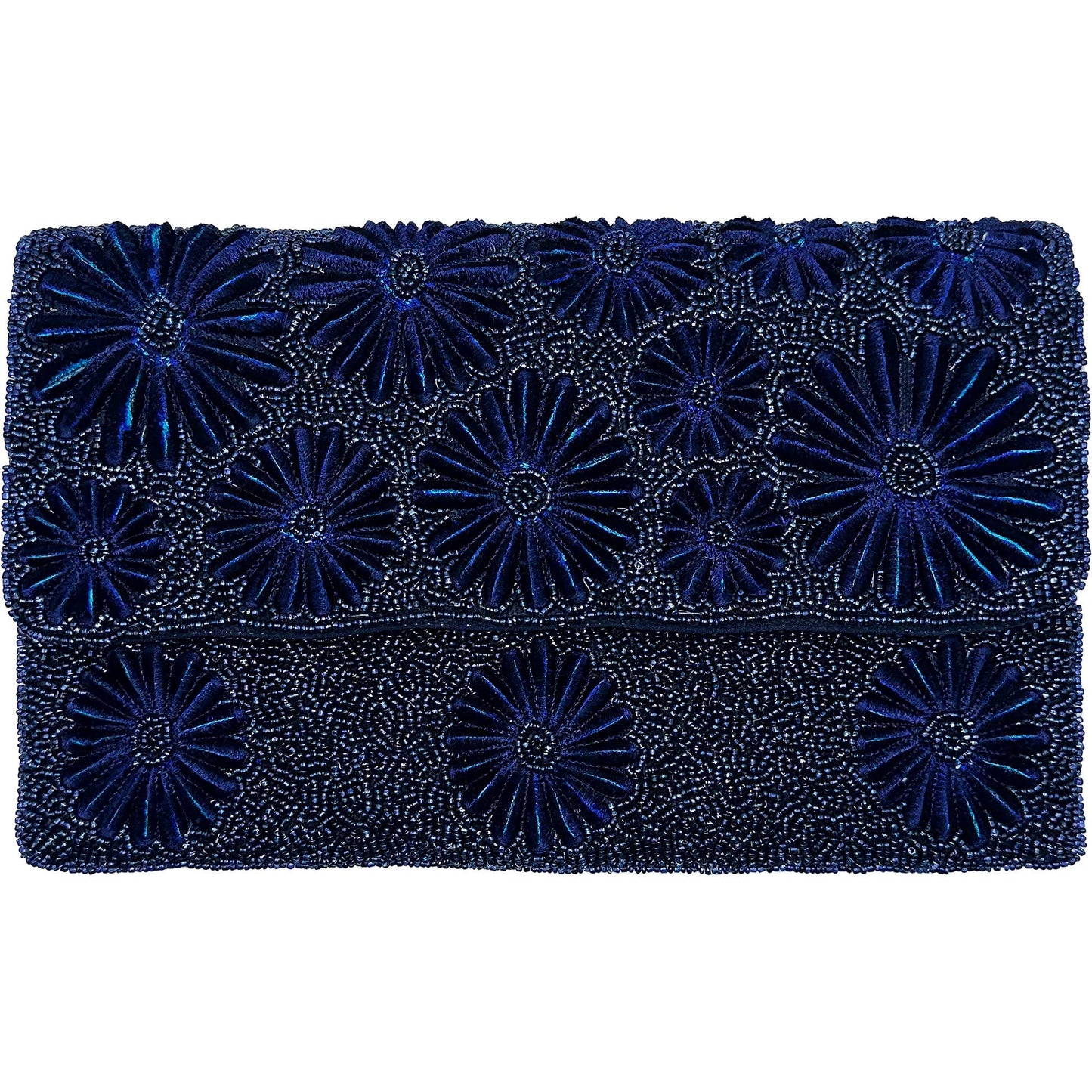 Navy blue clutch with floral bead patterns on a white background