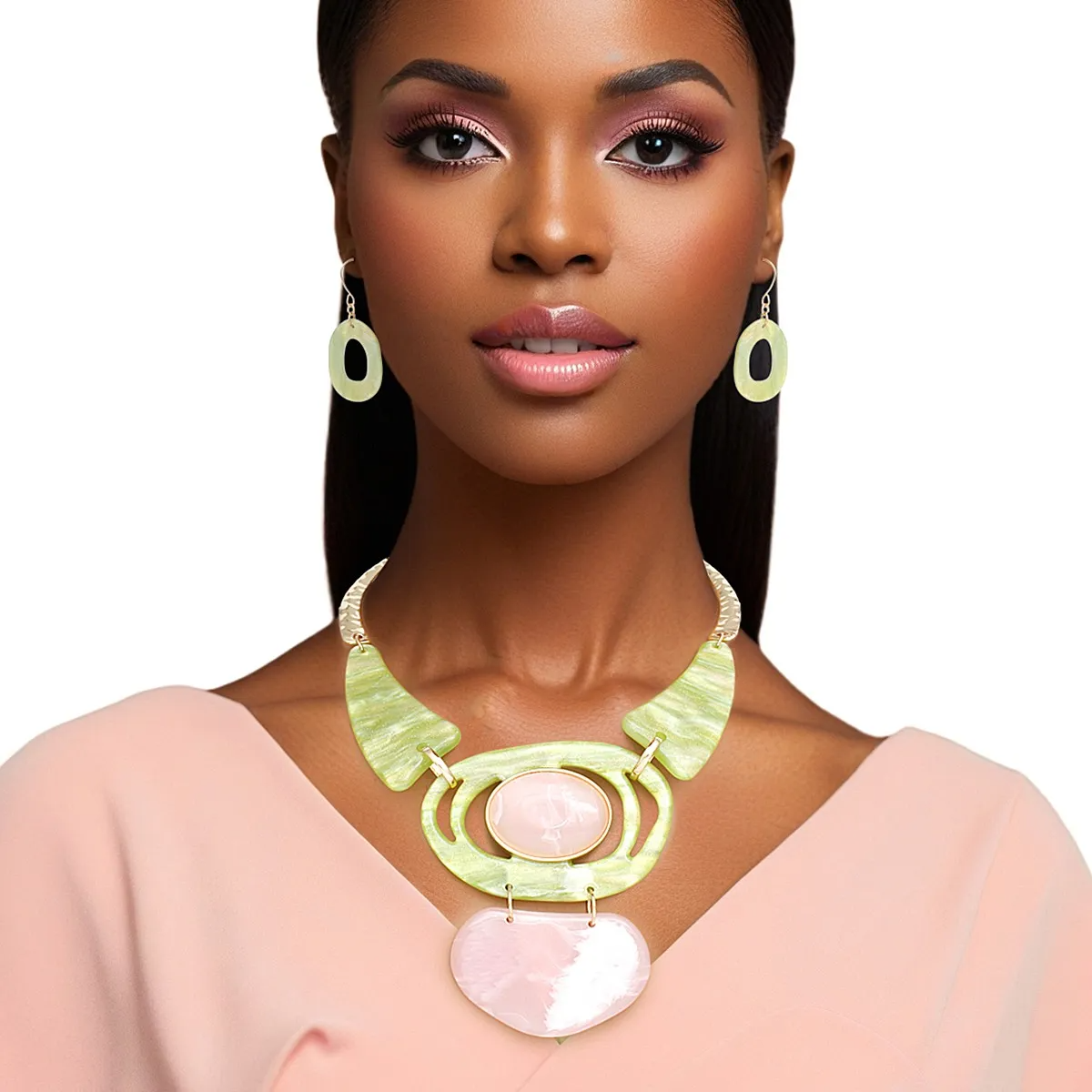 Pink & Green Marbled Bib Collar Necklace Set