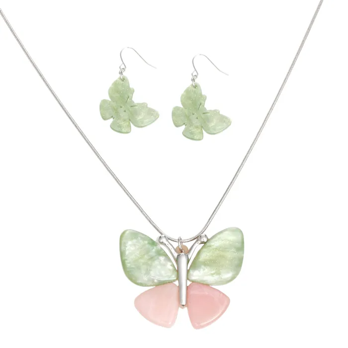 Pink & Green Butterfly Pendant Necklace Set