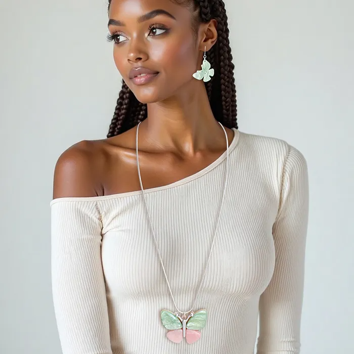 Pink & Green Butterfly Pendant Necklace Set