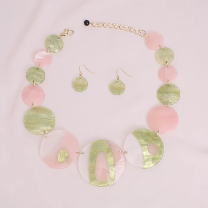Pink and Green Acrylic Disc Collar Necklace Set