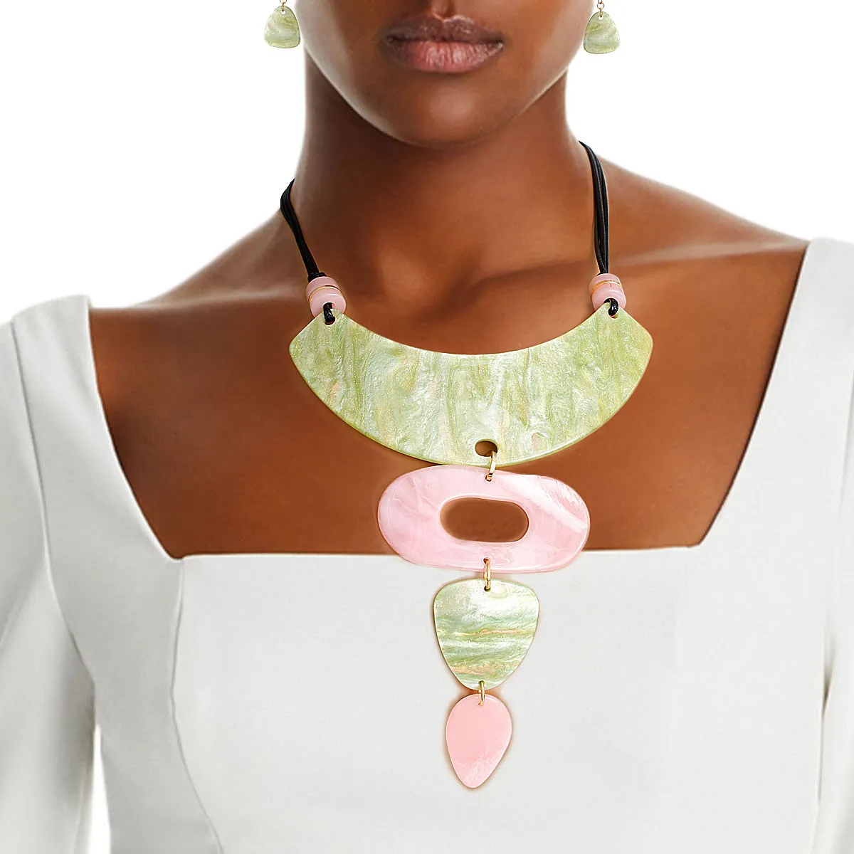 Pink and Green Abstract Drop Collar Necklace Set