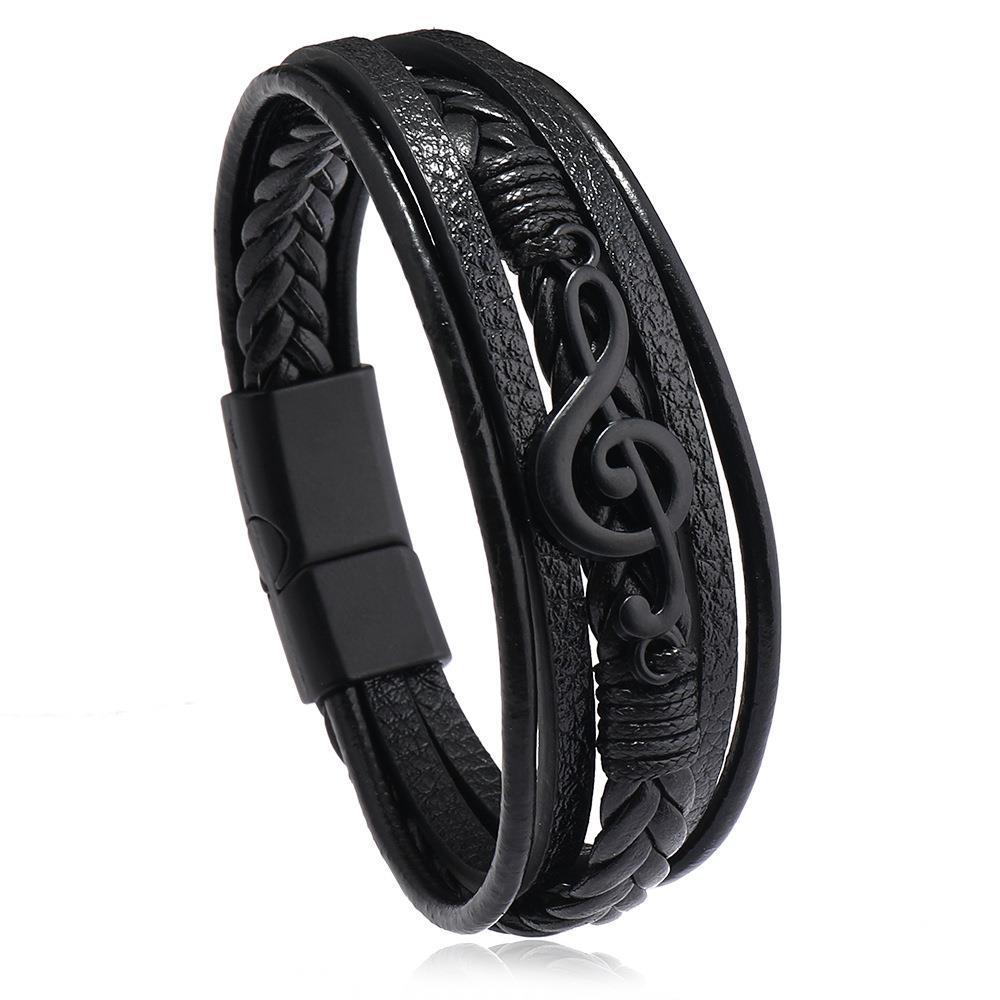 Men's Black Leather Treble Clef Bracelet for Men – Multi-Strand Wrap Design