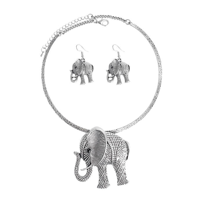 Burnished Silver Elephant Pendant Necklace Set