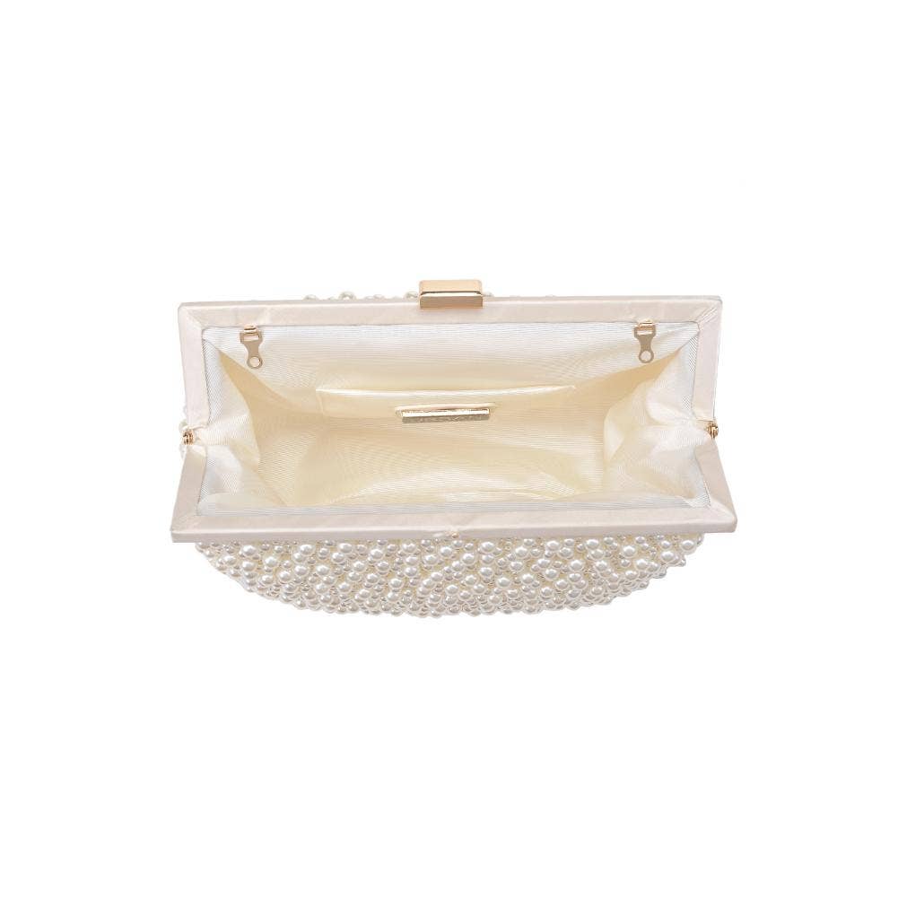 Pearl-embellished clutch bag on a white background