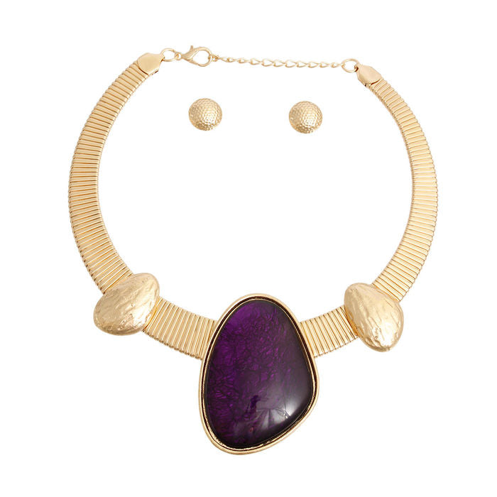 Gold Purple Resin Pendant Necklace Set