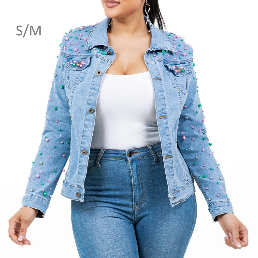 Studded Pearl & Crystal Embellished Denim Jacket – Light Wash S/M