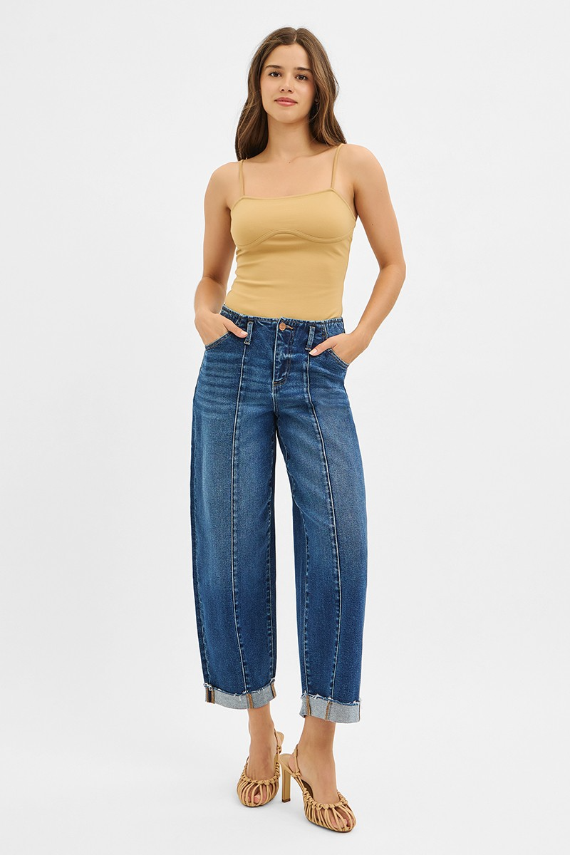 RISEN High Rise Front Seam Barrel Jeans – Dark Wash