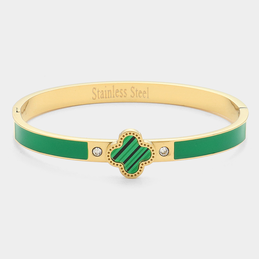Women’s Green Clover Bracelet – Gold Plated Stainless Steel Bangle with Enamel & Sparkle Accents
