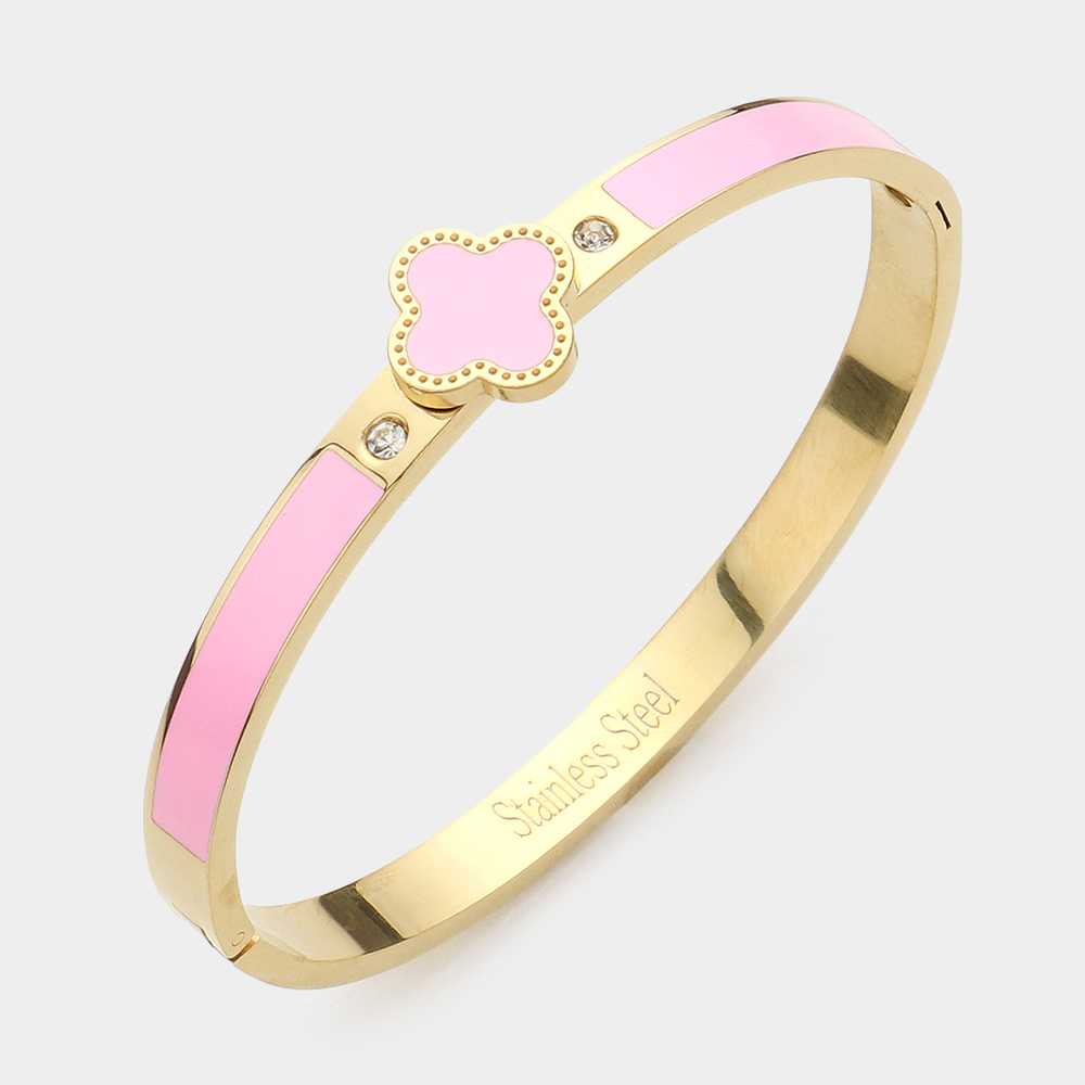 Women’s Pink Clover Bracelet –Stainless Steel Bangle with Enamel & Sparkle Accents