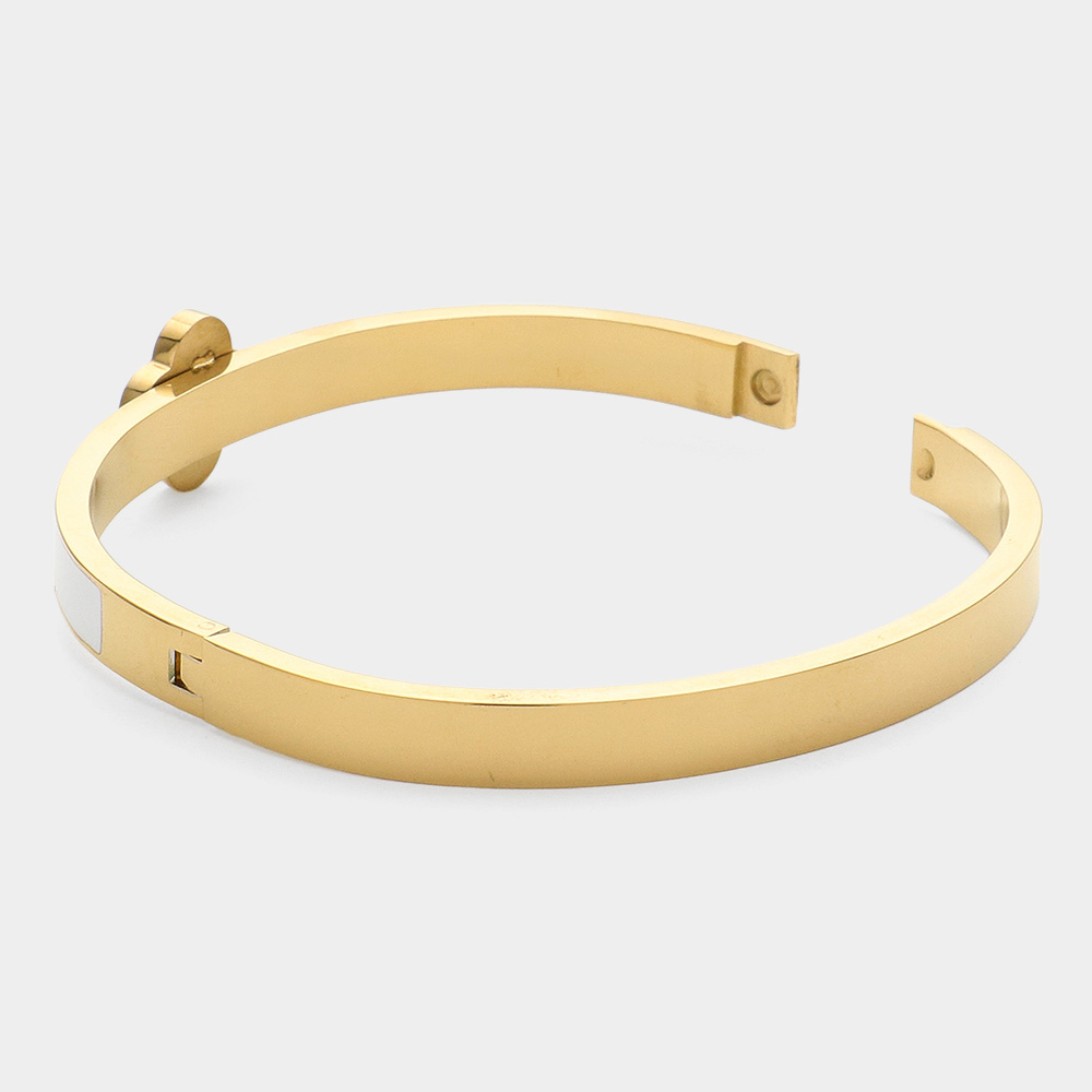 Women’s Green Clover Bracelet – Gold Plated Stainless Steel Bangle with Enamel & Sparkle Accents