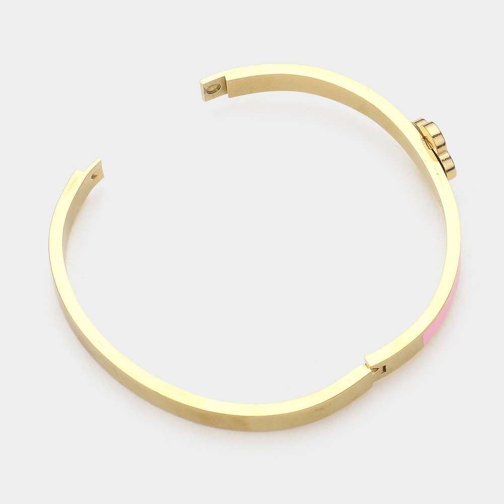 Women’s Green Clover Bracelet – Gold Plated Stainless Steel Bangle with Enamel & Sparkle Accents